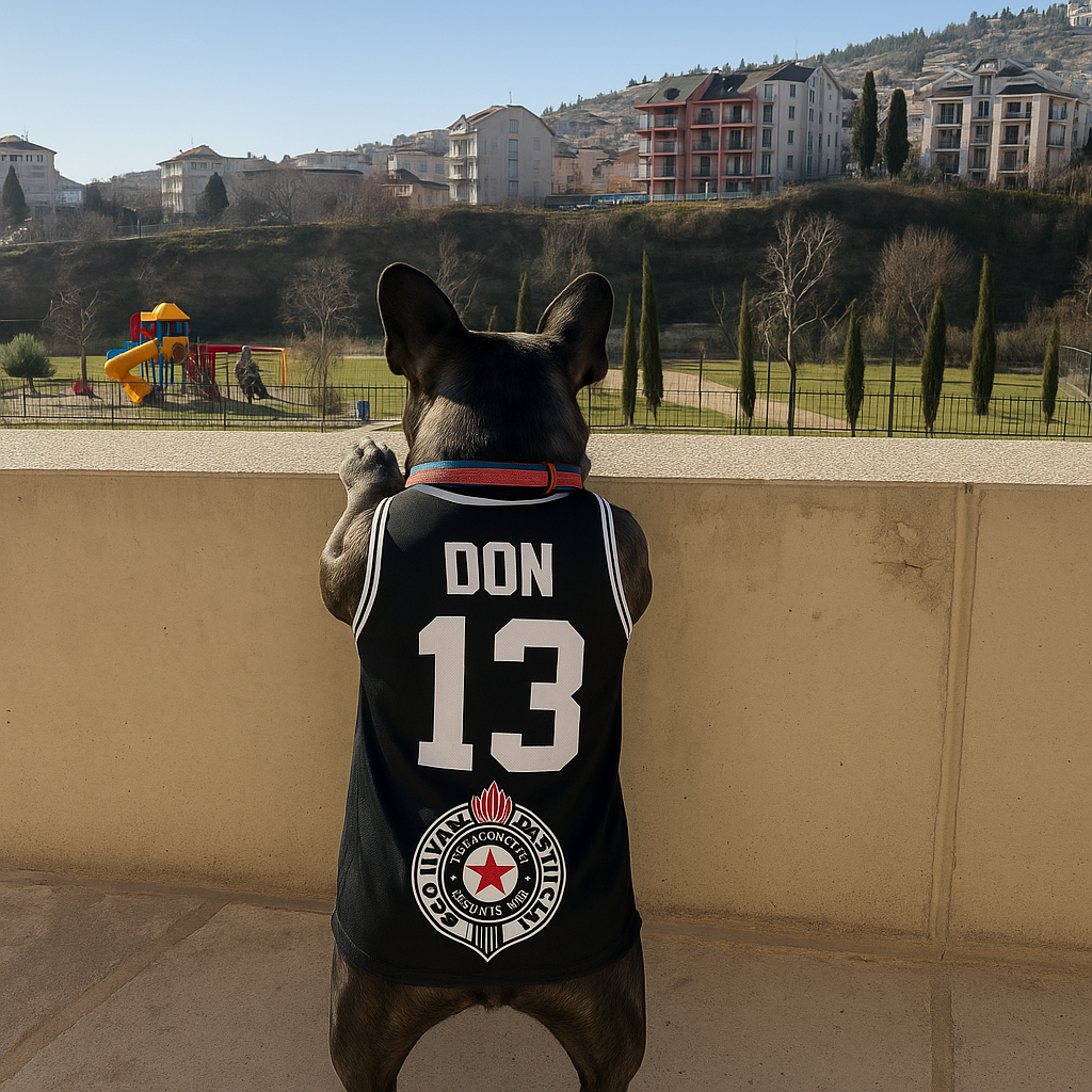 Dog wearing basketball club Partizan jersey with number 13 and name Don