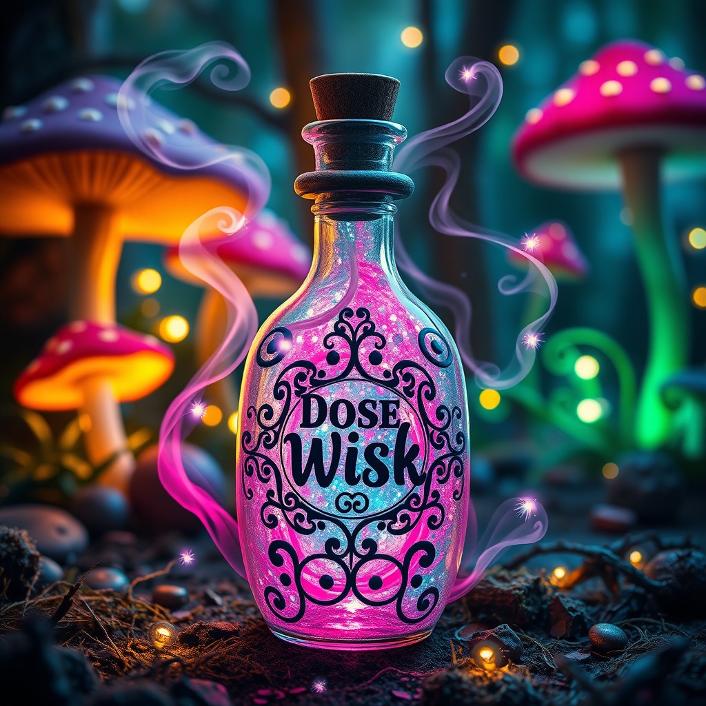 A whimsical and colorful image of a magical dose of whisk, featuring a potion bottle with intricate designs