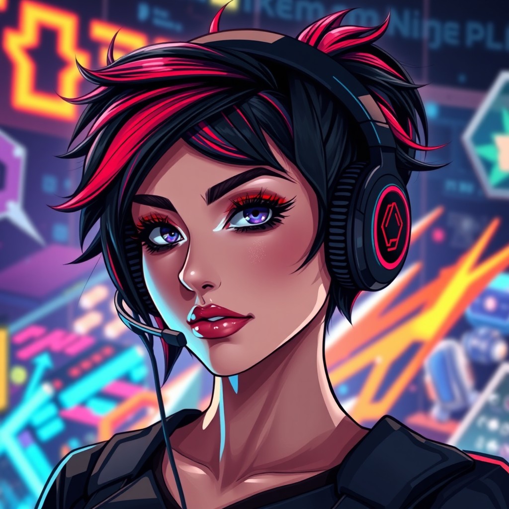 A striking gaming profile picture featuring a female gamer named Alpha