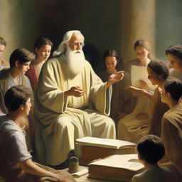 God, depicted as a wise old teacher, surrounded by eager students on Earth. In an enlightening environment, God shares wisdom, his robe glowing against the backdrop of an age-old study hall.