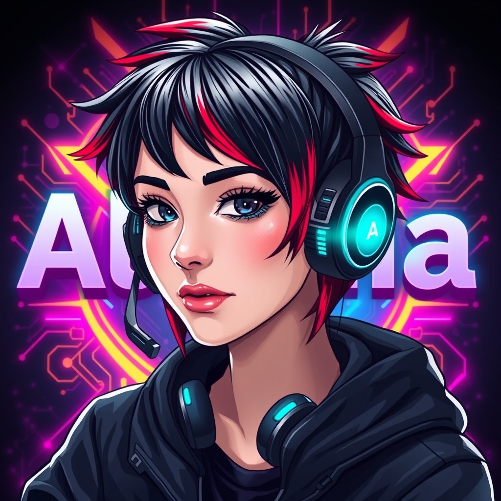 A captivating gaming profile picture featuring a female gamer named Alpha, who has striking black and red hair styled in an edgy manner