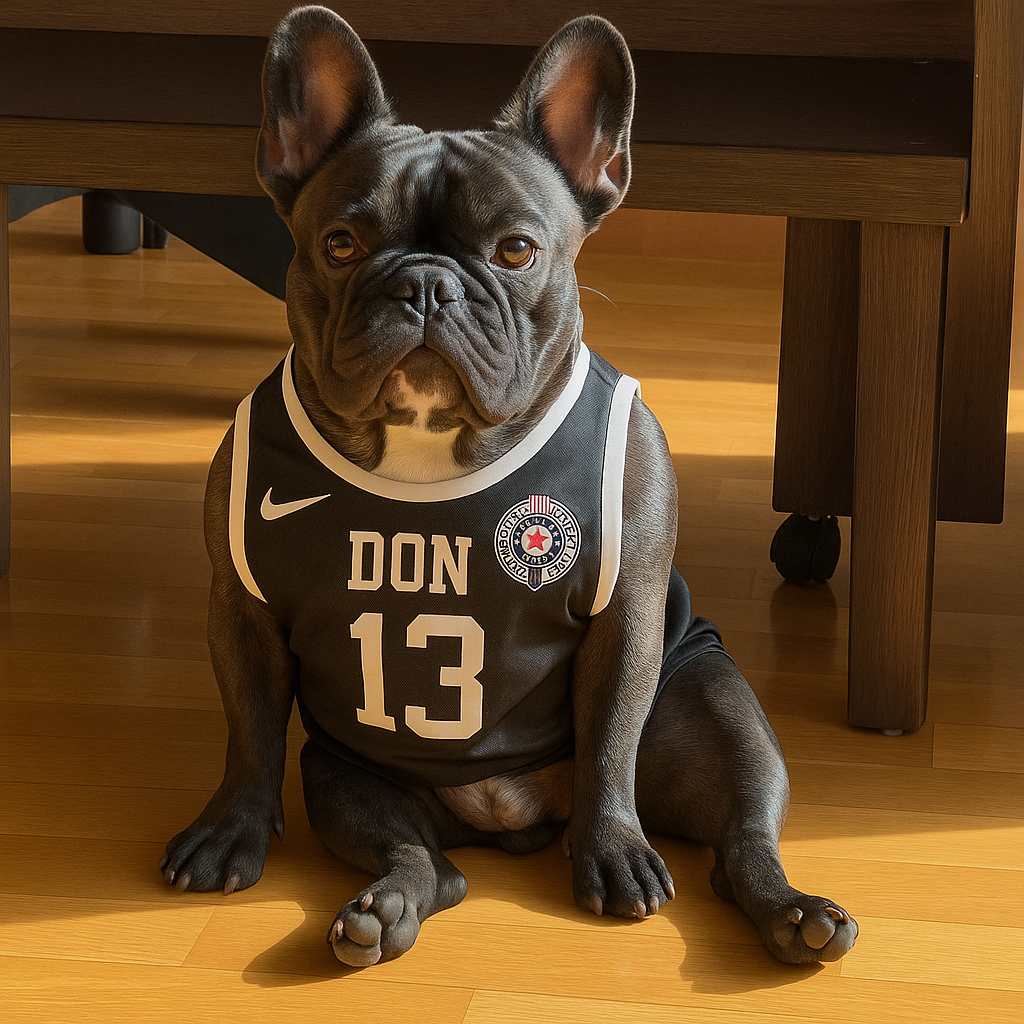 Dog wearing basketball club Partizan jersey with number 13 and name Don