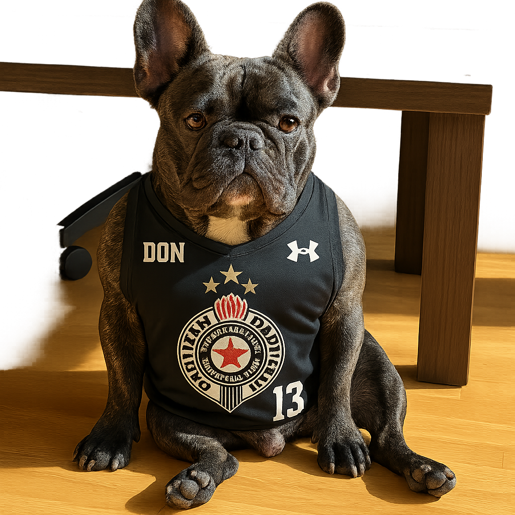 Dog wearing under armour basketball club Partizan jersey with number 13 and name Don. Club Logo for the jersey is in the second picture.