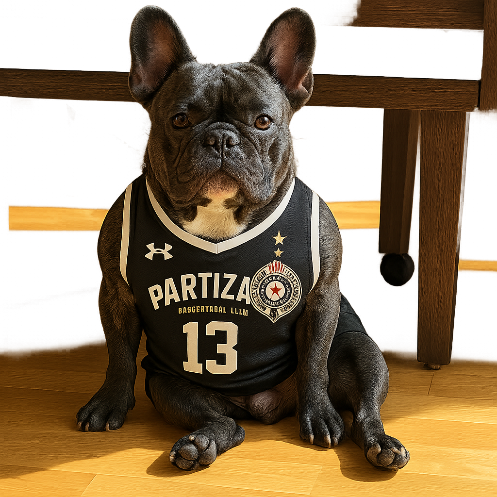Dog wearing under armour basketball club Partizan jersey with number 13. Club Logo for the jersey is in the second picture.