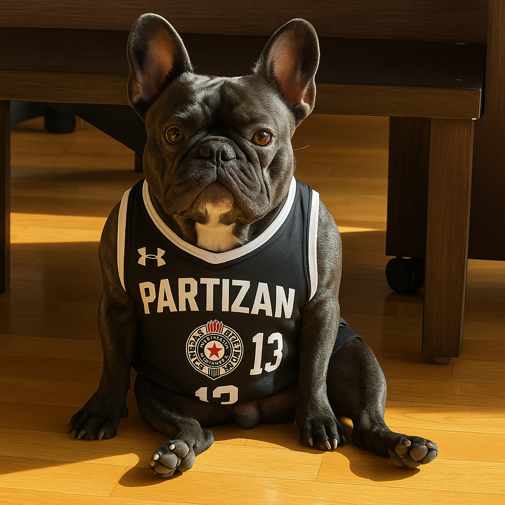 Dog wearing under armour basketball club Partizan jersey with number 13.