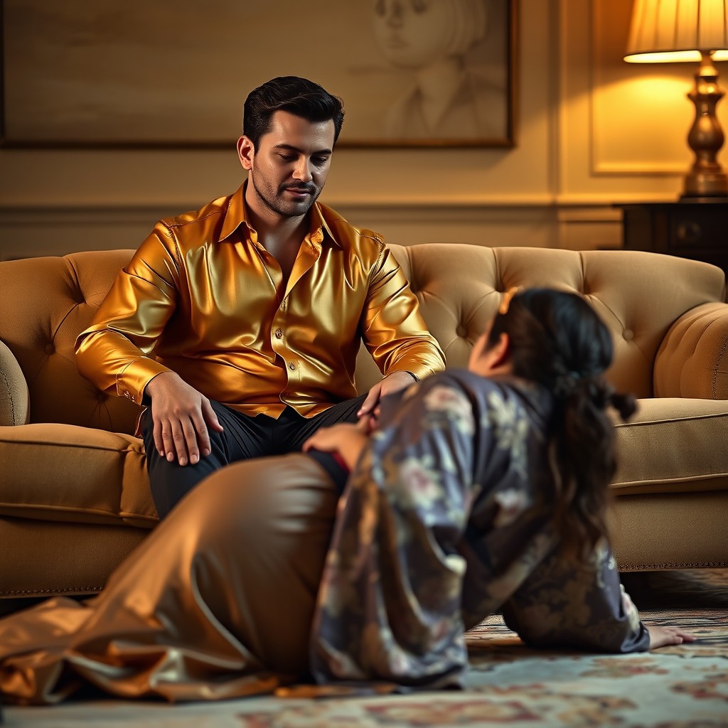 A man wearing a luxurious gold satin shirt sitting comfortably on a plush sofa, with an air of confidence