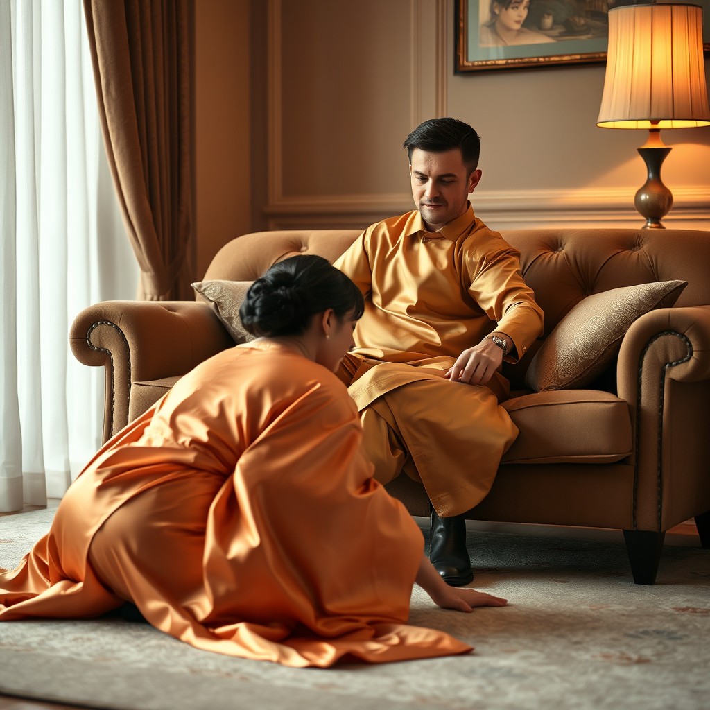 A man wearing a luxurious gold satin shirt sitting comfortably on a plush sofa, exuding an aura of elegance