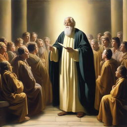 God, depicted as a wise old teacher, surrounded by eager students on Earth. In an enlightening environment, God shares wisdom, his robe glowing against the backdrop of an age-old study hall.