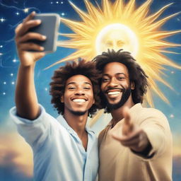 A whimsical image of a person taking a selfie with a benevolent figure of God. God's radiant glow and affectionate smile caught in the camera against a celestial backdrop.