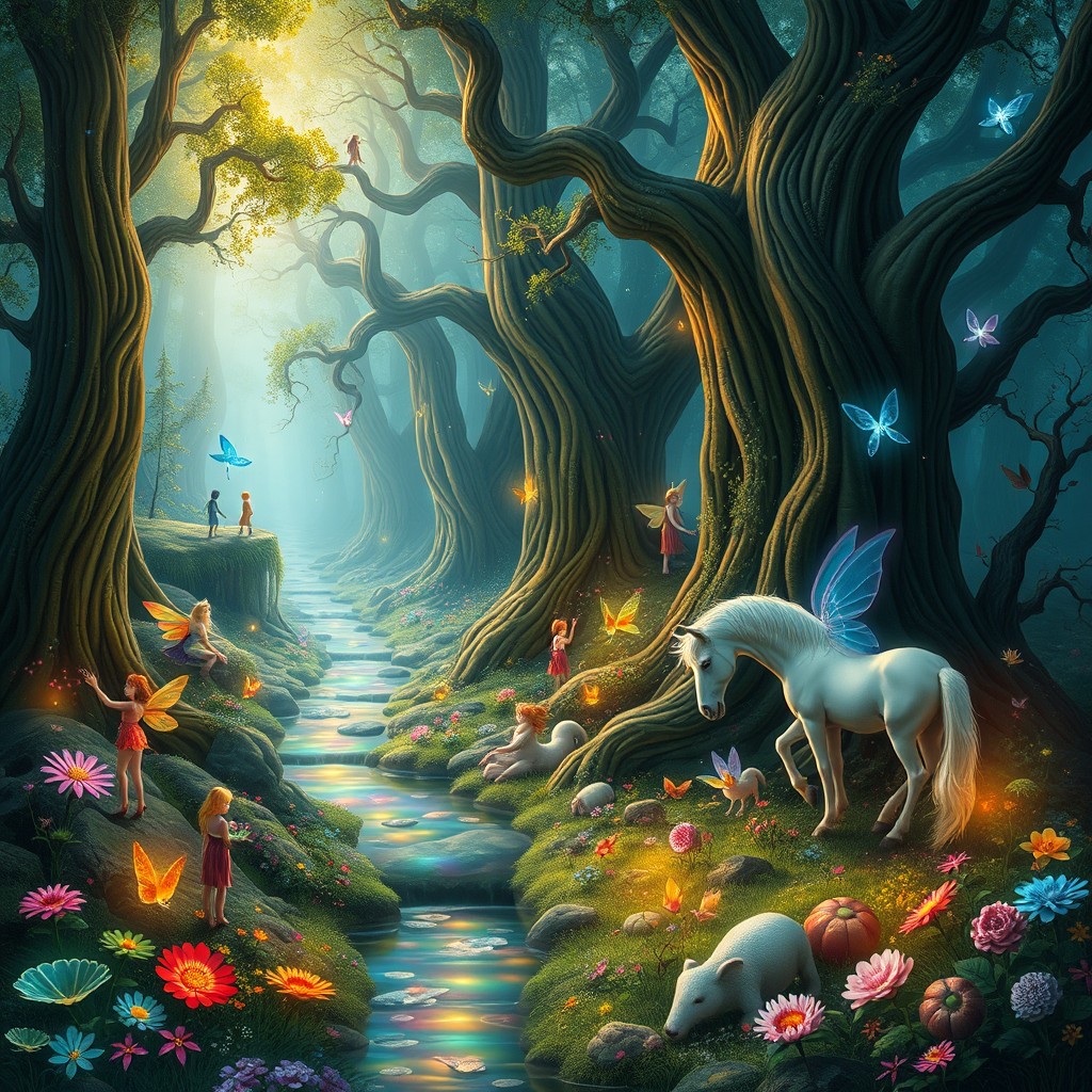 An imaginative and vibrant depiction of a mystical forest, showcasing a variety of fantastical creatures such as fairies, unicorns, and talking animals