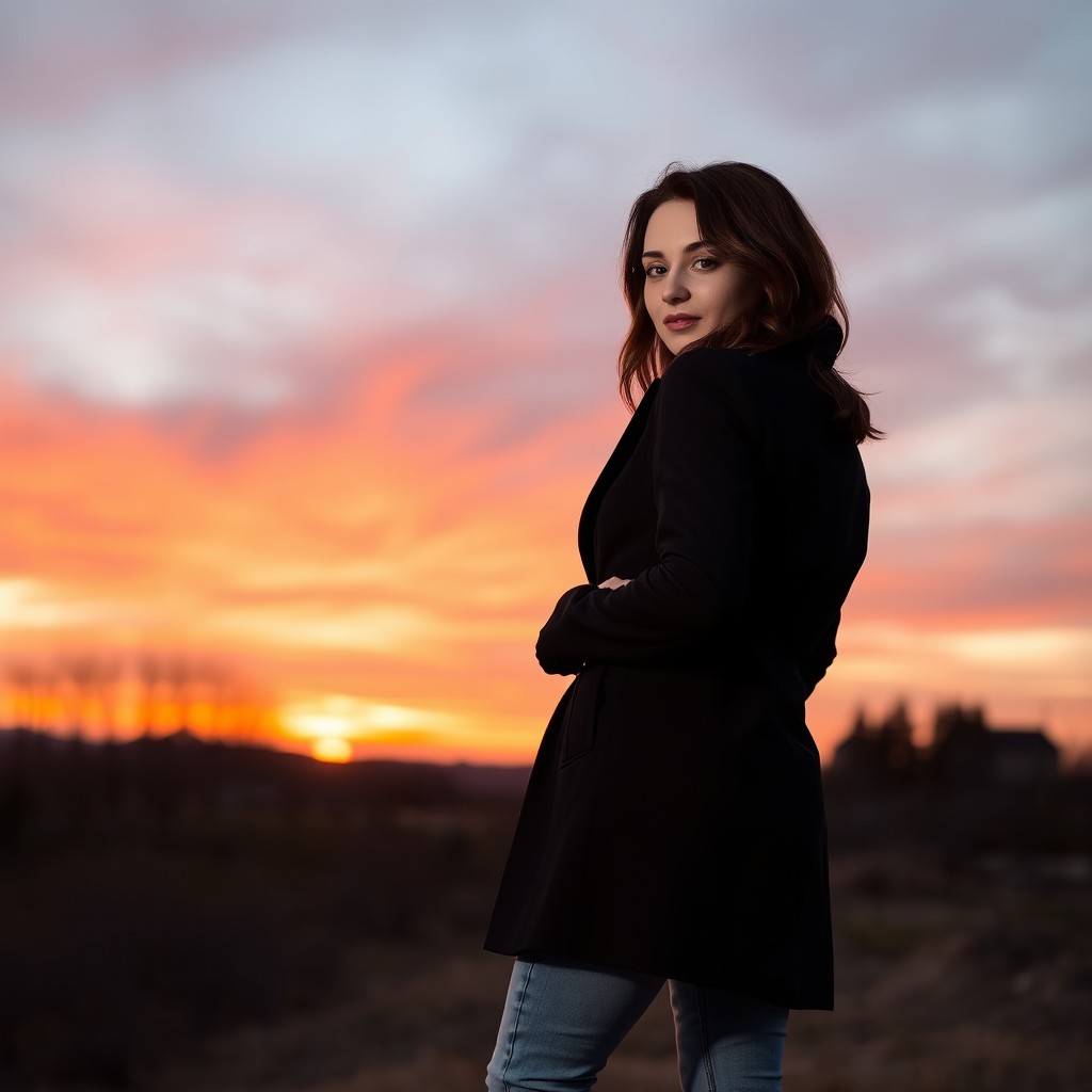 A 37-year-old woman with a middle athletic build and a height of 5 feet, standing with her back to the camera against a vibrant sunset