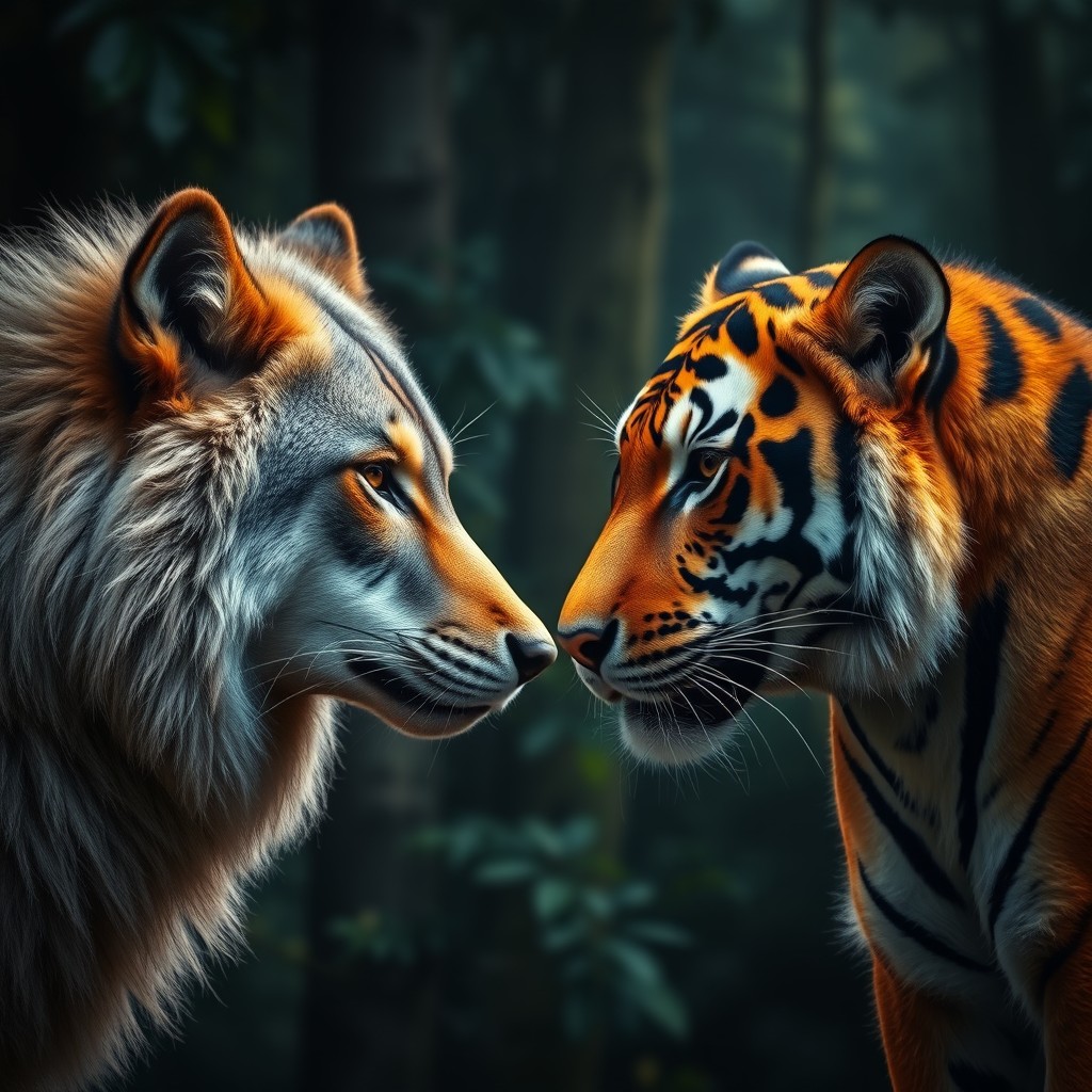 Two animals facing each other, a thick-furred grey wolf and an orange Bengal tiger with black stripes, showcasing intense gazes, set against a backdrop of dense forest, dramatic lighting, vibrant colors, in a hyper-realistic style with ultra-high definition