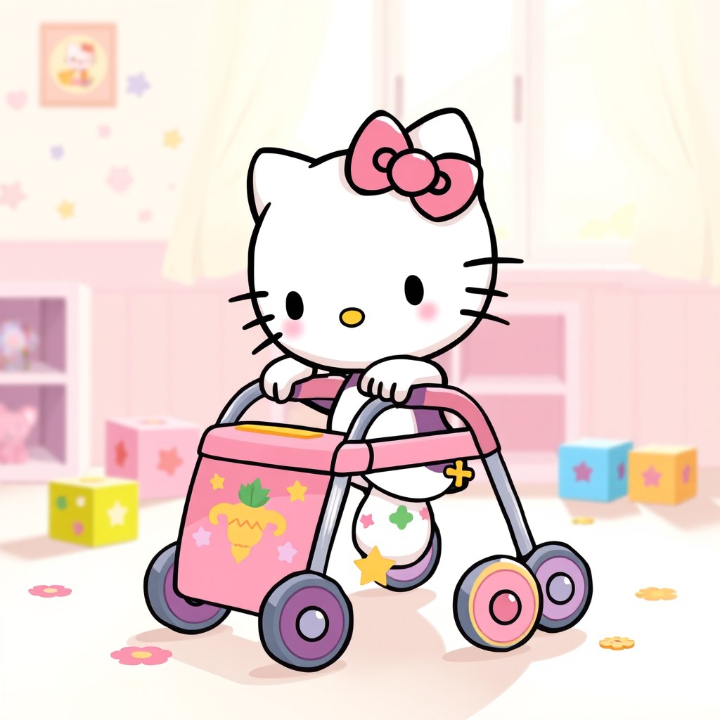 A charming and adorable illustration of Hello Kitty using a walker