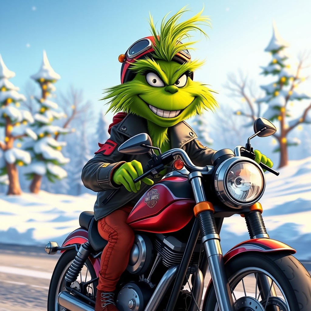A whimsical cartoon scene featuring the Grinch as a hero, confidently riding a Harley Davidson motorcycle