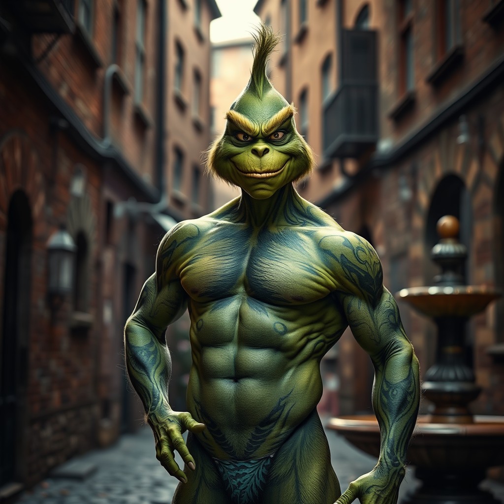 A hyper-realistic image of the Grinch reimagined as a heroic figure, showcasing a muscular body covered in intricate tattoos