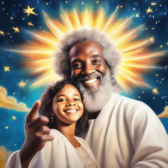 A whimsical image of a person taking a selfie with a benevolent figure of God. God's radiant glow and affectionate smile caught in the camera against a celestial backdrop.