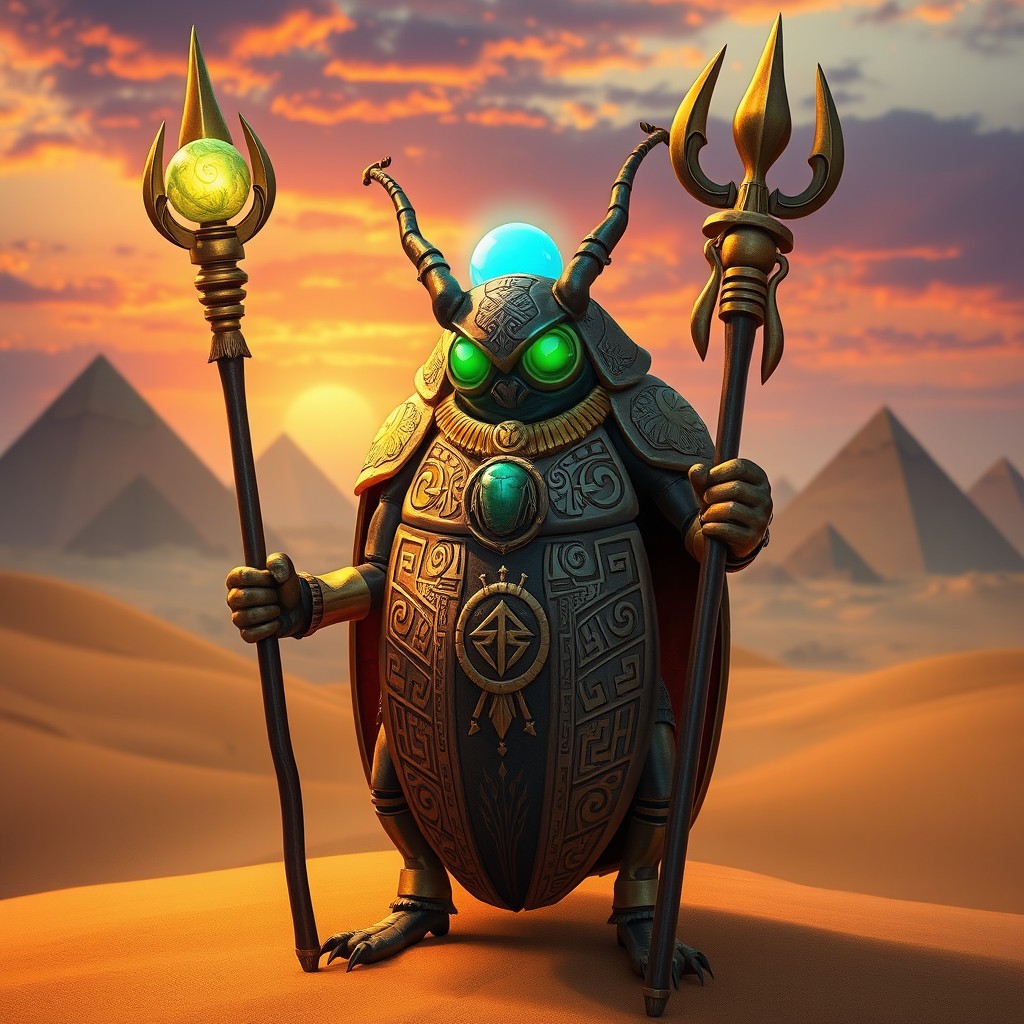 A heroic humanoid scarab beetle cleric standing in a mystical desert landscape