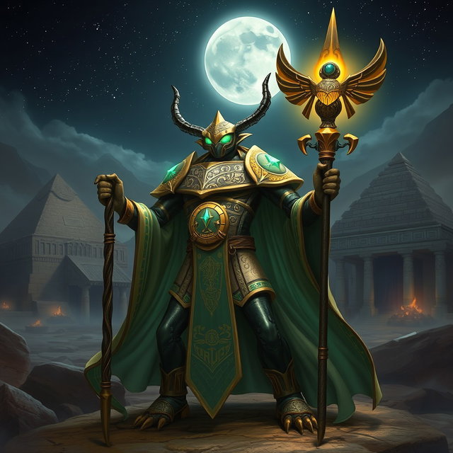 An epic humanoid scarab beetle cleric character depicted in a fantasy setting, showcasing an intricately designed shell with ornate carvings inspired by ancient Egyptian motifs