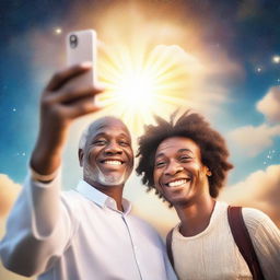 A whimsical image of a person taking a selfie with a benevolent figure of God. God's radiant glow and affectionate smile caught in the camera against a celestial backdrop.