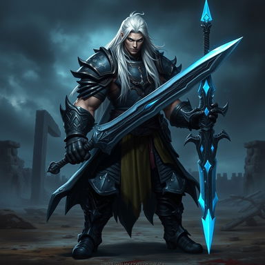 A fantasy character inspired by the FORSAKEN universe, featuring a tall, muscular figure with dark, rugged armor
