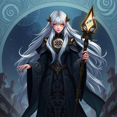 A character from FORSAKEN world, depicted as a powerful sorceress with long flowing silver hair, dressed in ornate dark robes decorated with mystical symbols