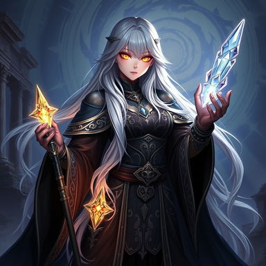 A character from FORSAKEN world, depicted as a powerful sorceress with long flowing silver hair, dressed in ornate dark robes decorated with mystical symbols