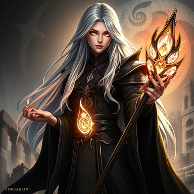 A character from FORSAKEN world, depicted as a powerful sorceress with long flowing silver hair, dressed in ornate dark robes decorated with mystical symbols