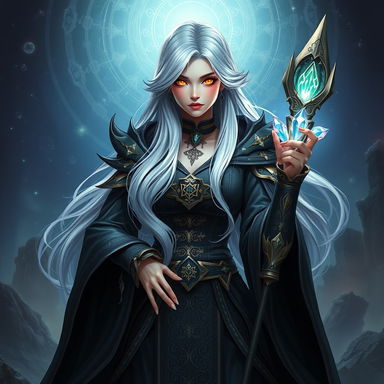 A character from FORSAKEN world, depicted as a powerful sorceress with long flowing silver hair, dressed in ornate dark robes decorated with mystical symbols