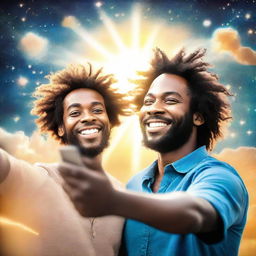 A whimsical image of a person taking a selfie with a benevolent figure of God. God's radiant glow and affectionate smile caught in the camera against a celestial backdrop.