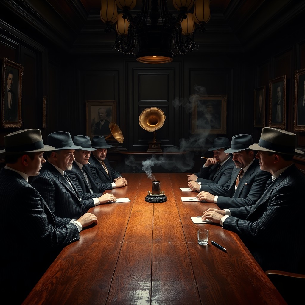 A dramatic 1920s gangster meeting room, featuring a long wooden table surrounded by suave men in tailored pinstripe suits and fedoras, deep in discussion