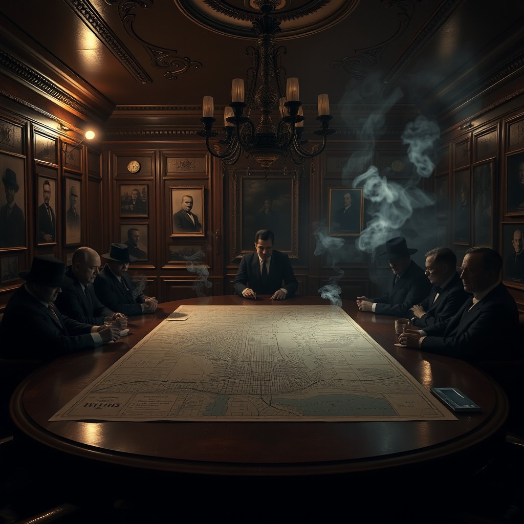 A faceless 1920s gangster meeting room, featuring dim lighting and an atmosphere of secrecy
