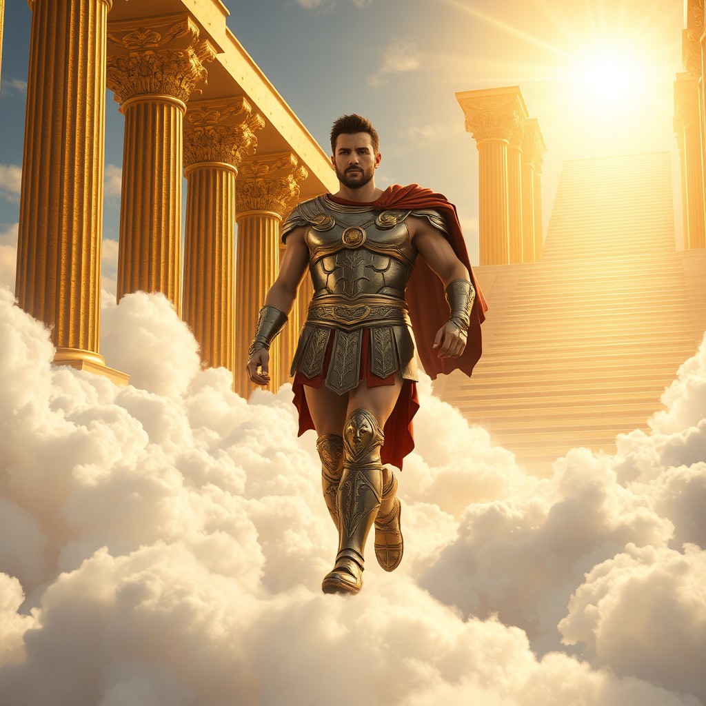 A powerful man confidently striding forward, his steps softly resonating on fluffy white clouds