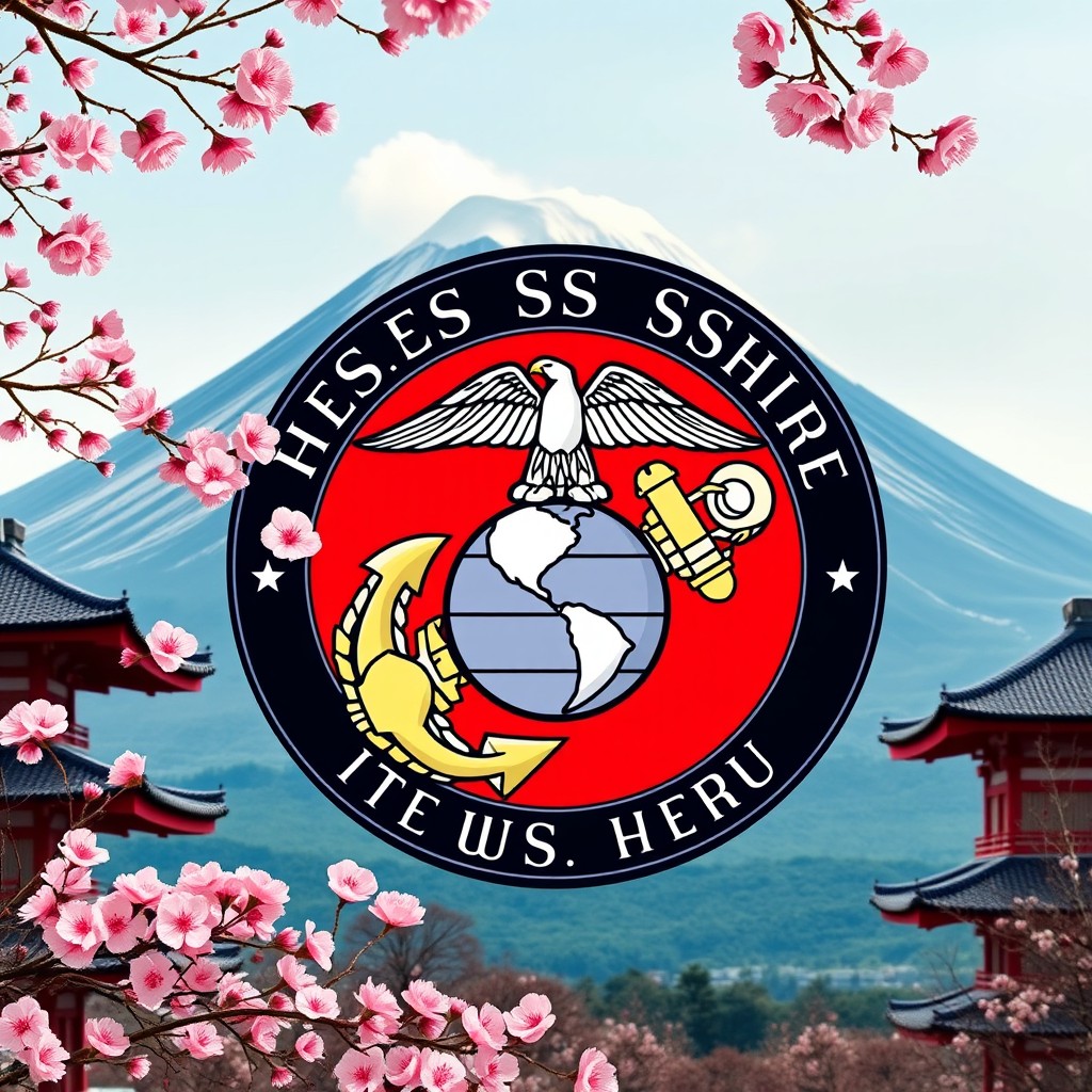 An artistic representation of the United States Marine Corps (USMC) emblem, creatively integrated with elements symbolizing Japan, such as cherry blossoms and traditional Japanese architecture