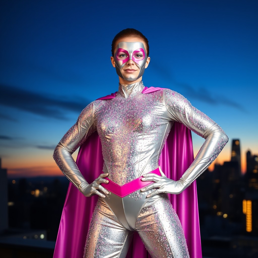 A superhero character wearing a vibrant, sparkling superhero outfit adorned with glimmering glitter