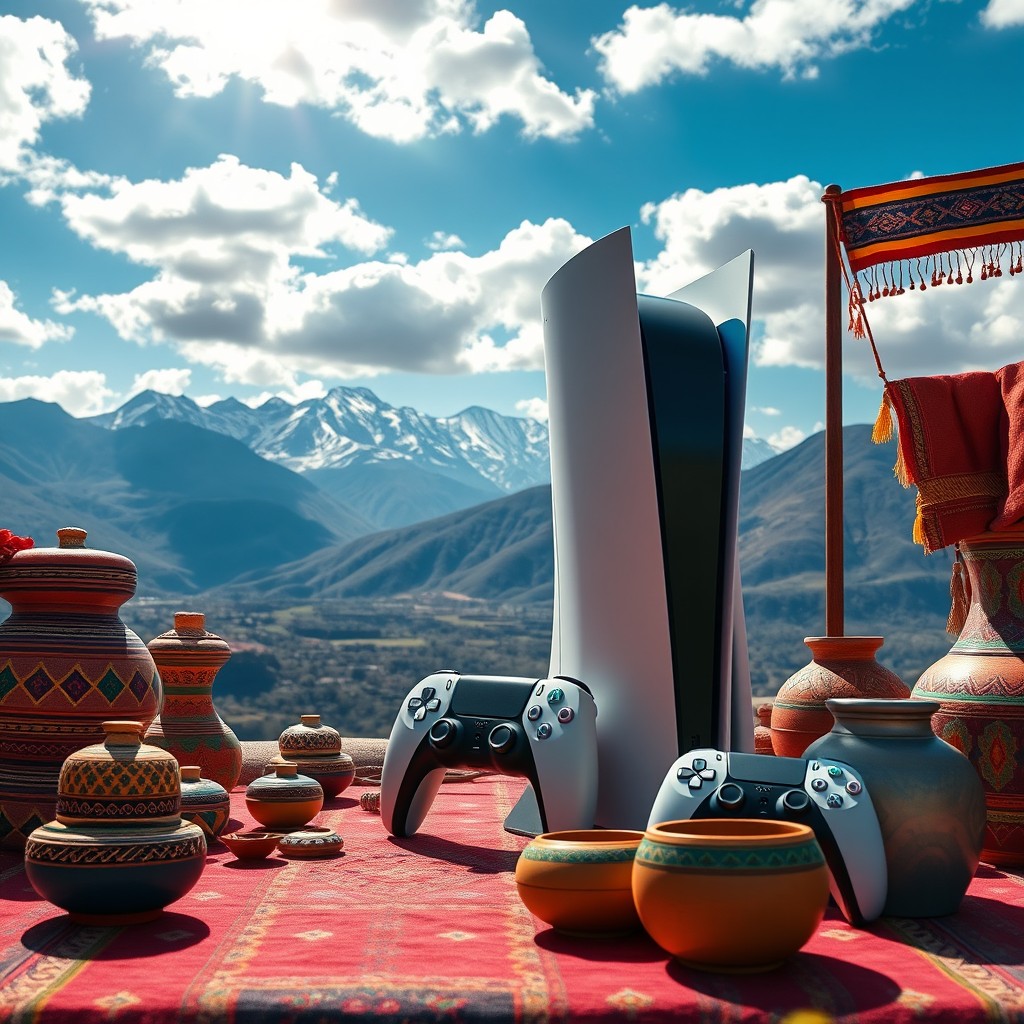 A stylish and modern recreation of a PlayStation 5 console set in a vibrant Bolivian setting