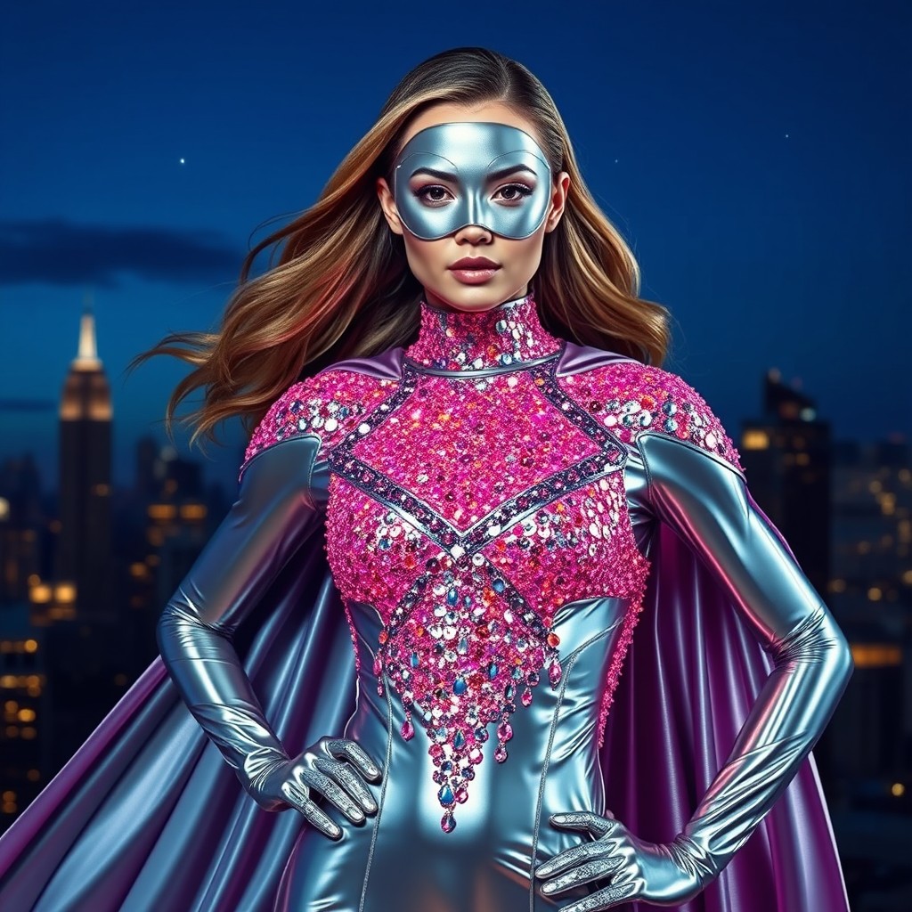 A superhero character wearing a vibrant, sparkling superhero outfit adorned with glimmering glitter, while maintaining the same face shape as in a reference image