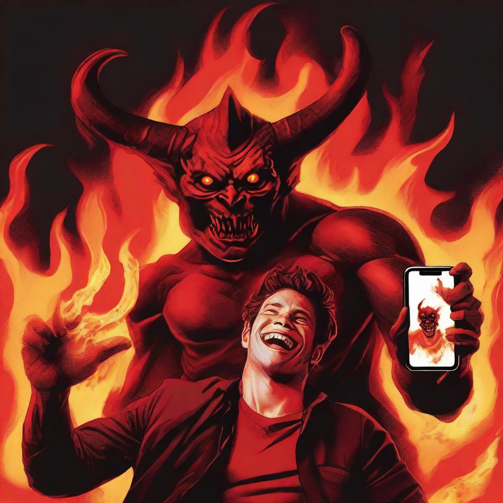 A playful image of a person taking a selfie with a grinning demon. The demon's red complexion, horns, and mischievous smile caught in the camera against a fiery inferno backdrop.