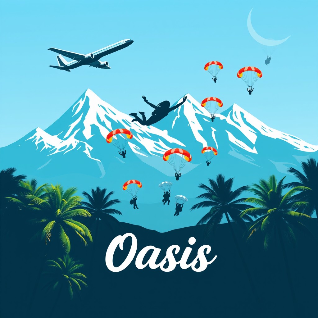 A vibrant and dynamic logo for a skydiving school named 'Oasis', featuring a blend of snow-capped mountains in the background, lush palm trees in the foreground, an airplane ascending into the sky, and multiple skydivers in freefall as well as parachutists descending gracefully under their canopies