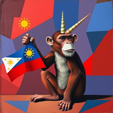 A surreal depiction of a monkey with a single unicorn horn, inspired by Picasso's distinctive cubist style