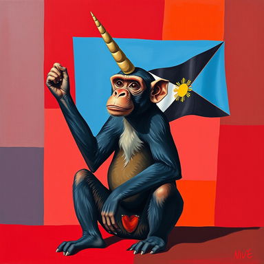 A surreal depiction of a monkey with a single unicorn horn, inspired by Picasso's distinctive cubist style
