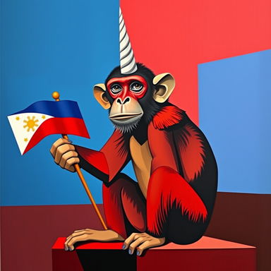 A surreal depiction of a monkey with a single unicorn horn, inspired by Picasso's distinctive cubist style