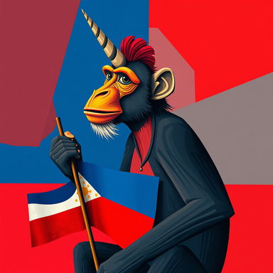 A surreal depiction of a monkey with a single unicorn horn, inspired by Picasso's distinctive cubist style
