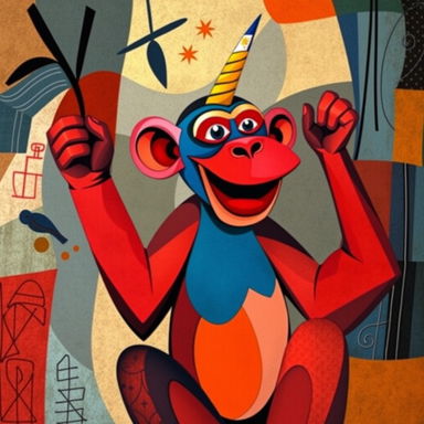 A whimsical monkey with a unicorn horn, embodying the unique style of Pablo Picasso, predominantly featuring bold red and blue colors