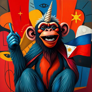 A whimsical monkey with a unicorn horn, embodying the unique style of Pablo Picasso, predominantly featuring bold red and blue colors