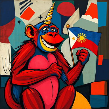 A whimsical monkey with a unicorn horn, embodying the unique style of Pablo Picasso, predominantly featuring bold red and blue colors