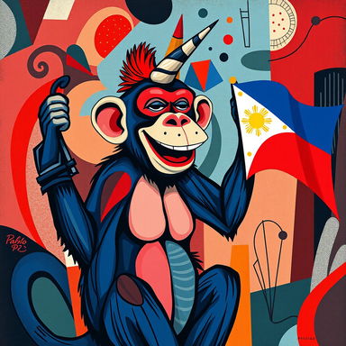 A whimsical monkey with a unicorn horn, embodying the unique style of Pablo Picasso, predominantly featuring bold red and blue colors
