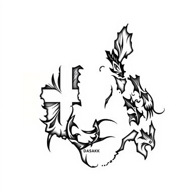 A tribal tattoo design that intricately combines the outline of the Danish map and the Filipino map, showcasing both countries' shapes merged seamlessly