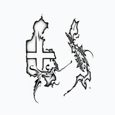 A tribal tattoo design that intricately combines the outline of the Danish map and the Filipino map, showcasing both countries' shapes merged seamlessly