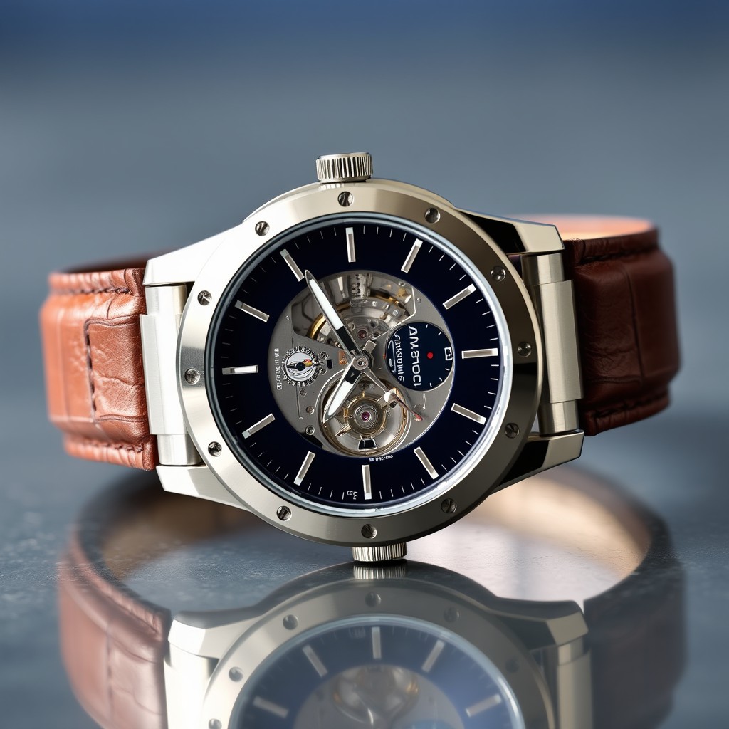 A beautifully designed luxury watch featuring a sleek stainless steel case, a rich leather strap, and an intricate mechanical movement visible through the transparent case back