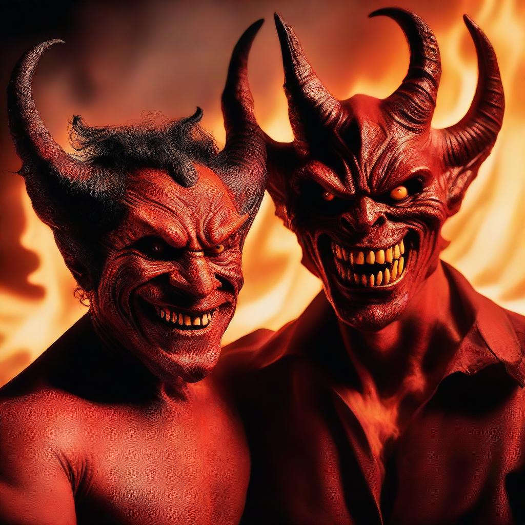 A playful image of a person taking a selfie with a grinning demon. The demon's red complexion, horns, and mischievous smile caught in the camera against a fiery inferno backdrop.